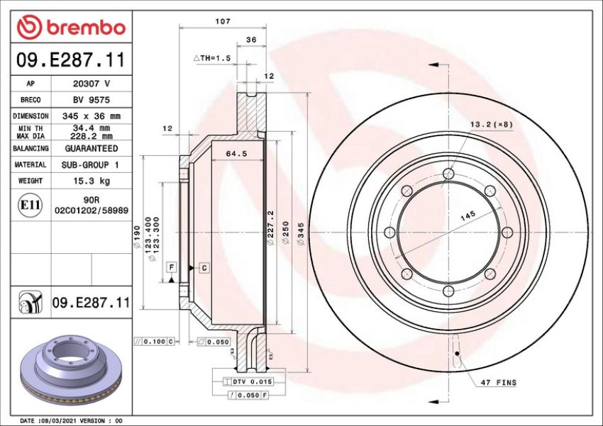 Brembo 09.E287.11 Premium Coated Vented Brake Rotor