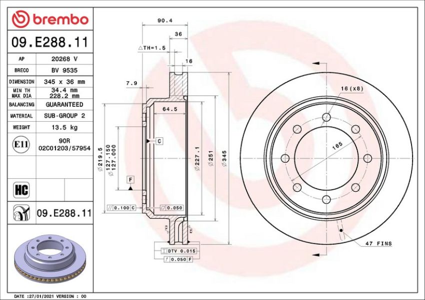 Brembo 09.E288.11 Premium Coated Vented Brake Rotor