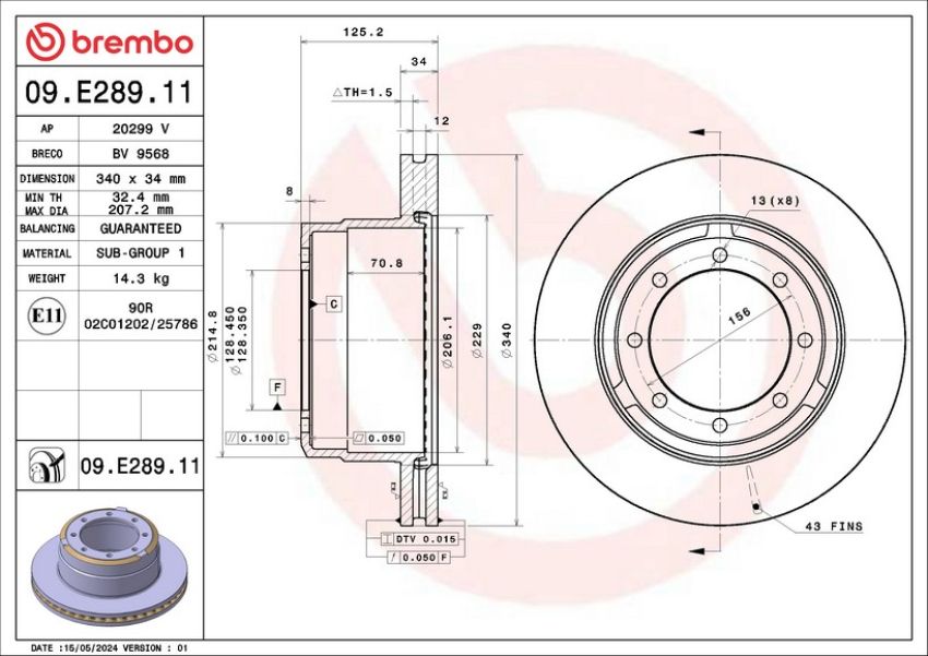 Brembo 09.E289.11 Premium Coated Vented Brake Rotor
