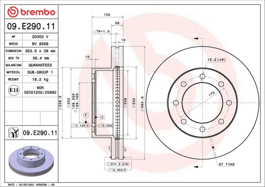 Brembo 09.E290.11 Brembo 09.E290.11 UV Coated Vented Front Rotor For Ford F-250 & F-350