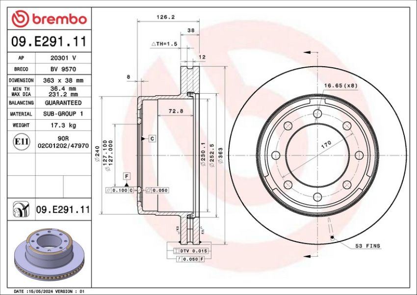 Brembo 09.E291.11 Premium Coated Vented Brake Rotor