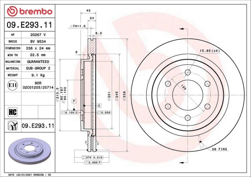 Brembo 09.E293.11 Premium Coated Vented Brake Rotor