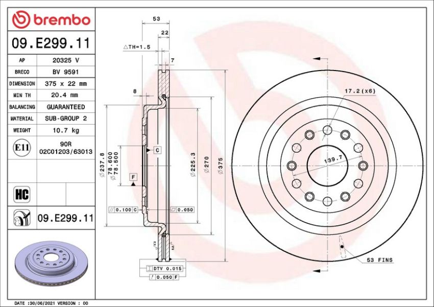 Brembo 09.E299.11 Premium Coated Vented Brake Rotor