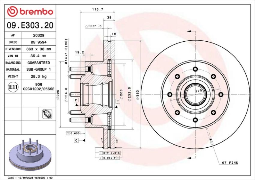 Brembo 09.E303.20 Premium Vented Brake Rotor