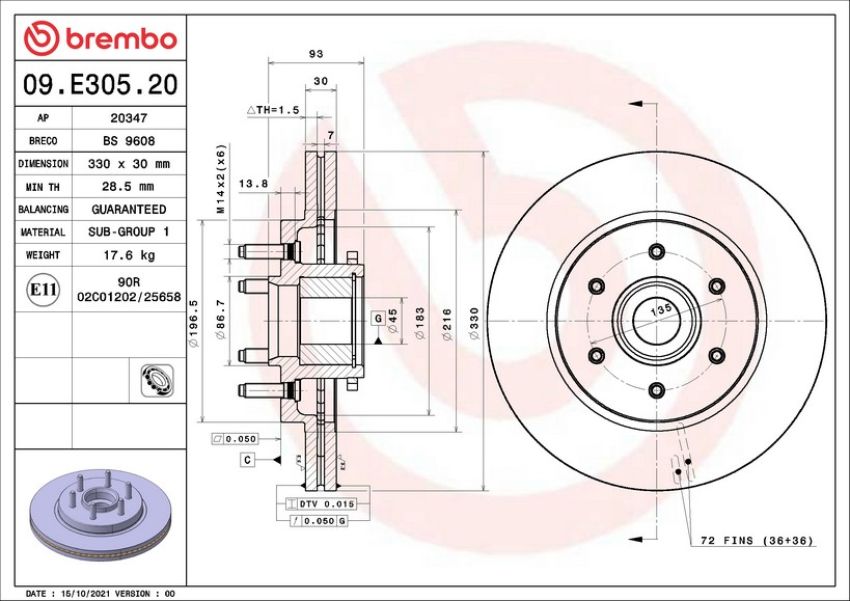 Brembo 09.E305.20 Premium Vented Brake Rotor