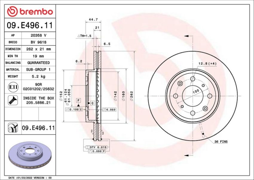 Brembo 09.E496.11 Premium Coated Vented Brake Rotor