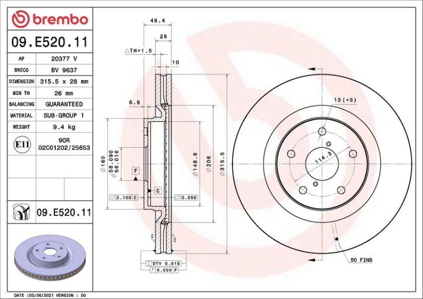Brembo 09.E520.11 Premium Coated Vented Brake Rotor