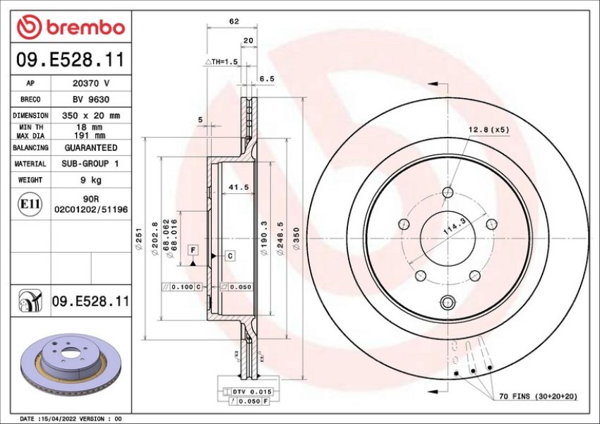 Brembo 09.E528.11 Premium Coated Vented Brake Rotor