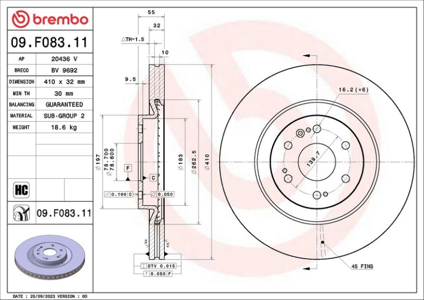 Brembo 09.F083.11 Brembo 09.F083.11 UV Coated Vented Front Rotor For GM O.E.#84865905 & 87839222