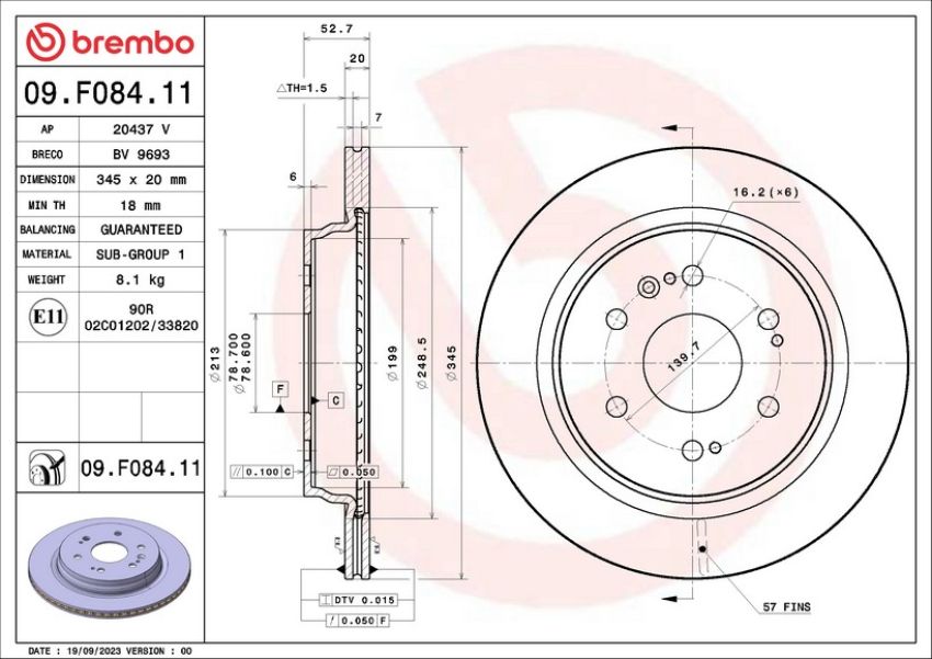 Brembo 09.F084.11 Brembo 09.F084.11 UV Coated Vented Front Rotor For GM O.E.#84582015
