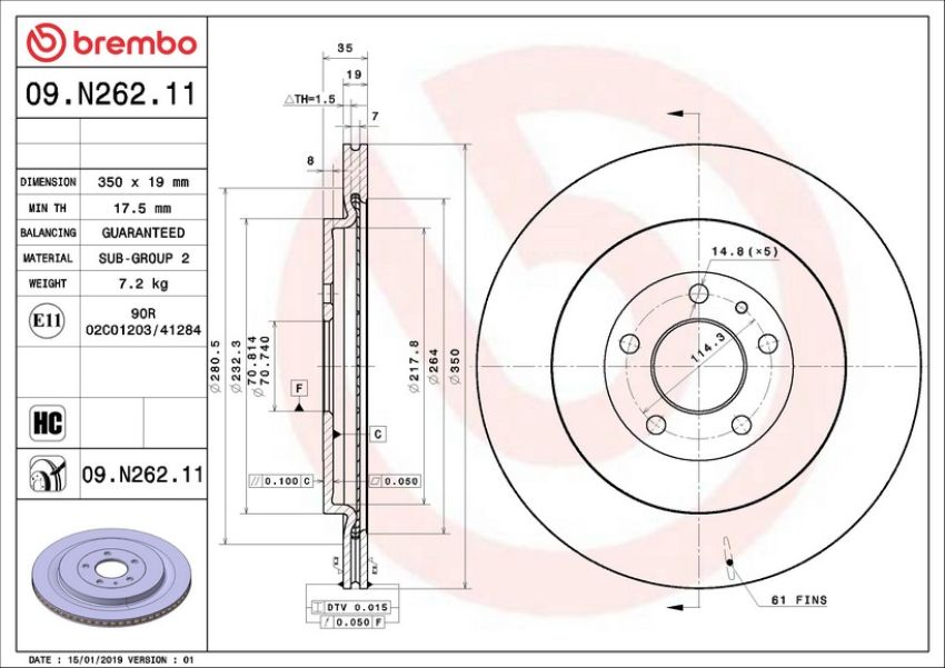 Brembo 09.N262.11 Premium Coated Vented Brake Rotor