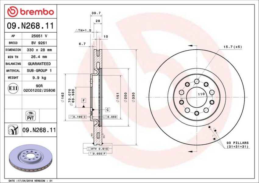 Brembo 09.N268.11 Premium Coated Vented Brake Rotor
