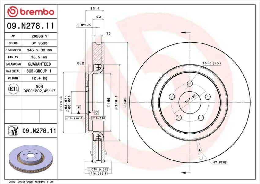 Brembo 09.N278.11 Premium Coated Vented Brake Rotor