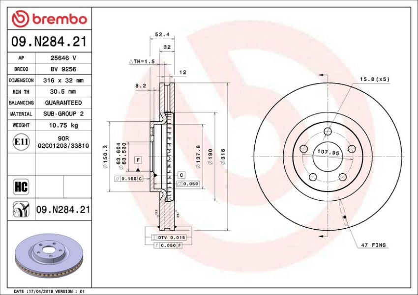 Brembo 09.N284.21 Premium Coated Vented Brake Rotor