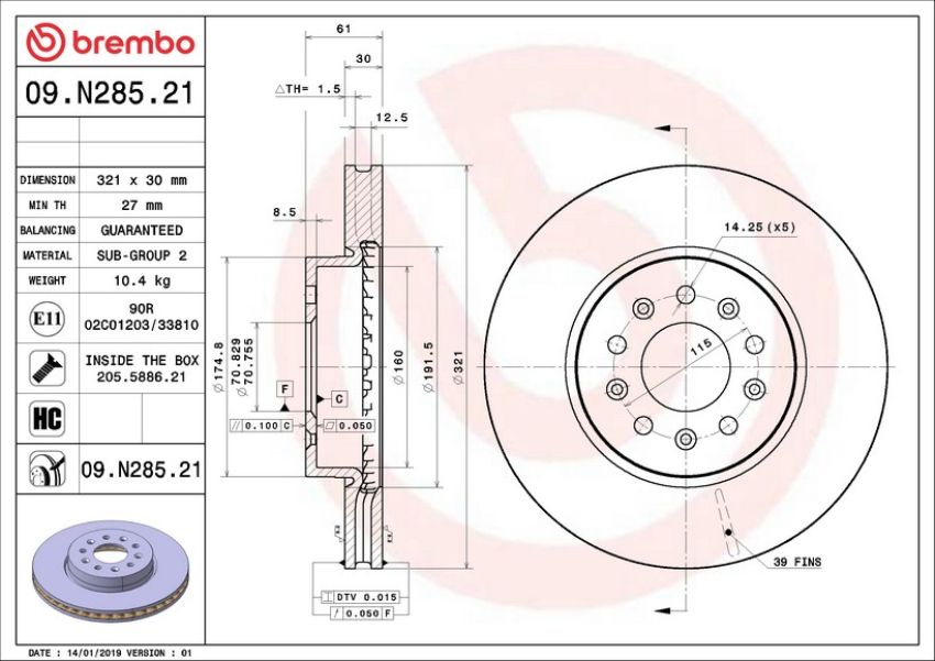 Brembo 09.N285.21 Premium Coated Vented Brake Rotor