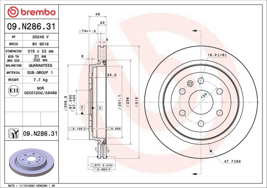 Brembo 09.N286.31 Premium Coated Vented Brake Rotor