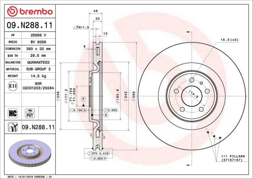 Brembo 09.N288.11 Premium Coated Vented Brake Rotor