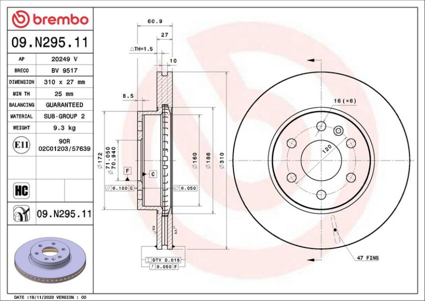 Brembo 09.N295.11 Premium Coated Vented Brake Rotor