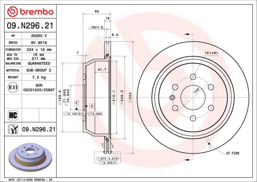 Brembo 09.N296.21 Premium Coated Vented Brake Rotor