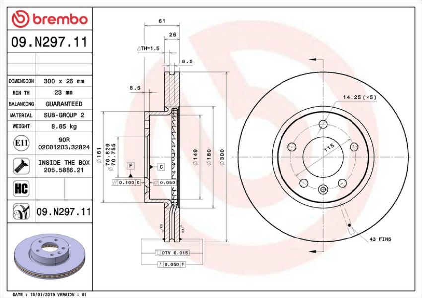 Brembo 09.N297.11 Premium Coated Vented Brake Rotor