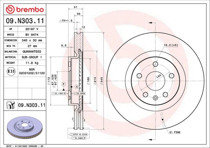 Brembo 09.N303.11 Premium Coated Vented Brake Rotor