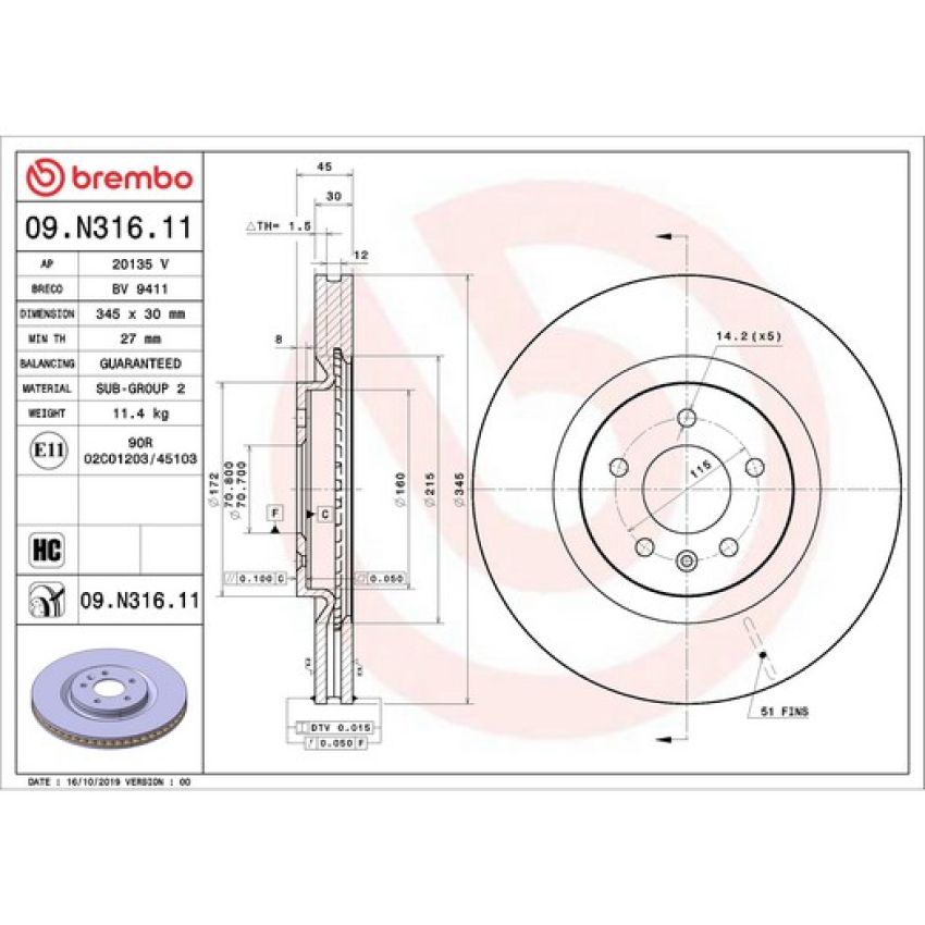 Brembo 09.N316.11 Premium Coated Vented Brake Rotor