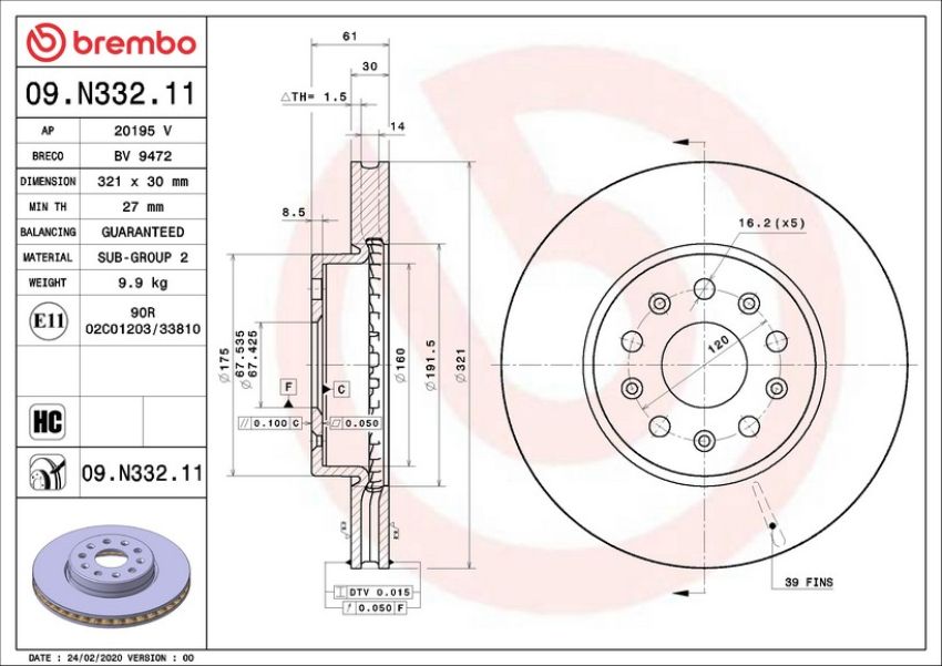 Brembo 09.N332.11 Premium Coated Vented Brake Rotor