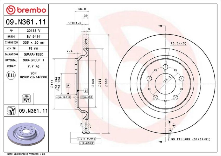 Brembo 09.N361.11 Premium Coated Vented Brake Rotor