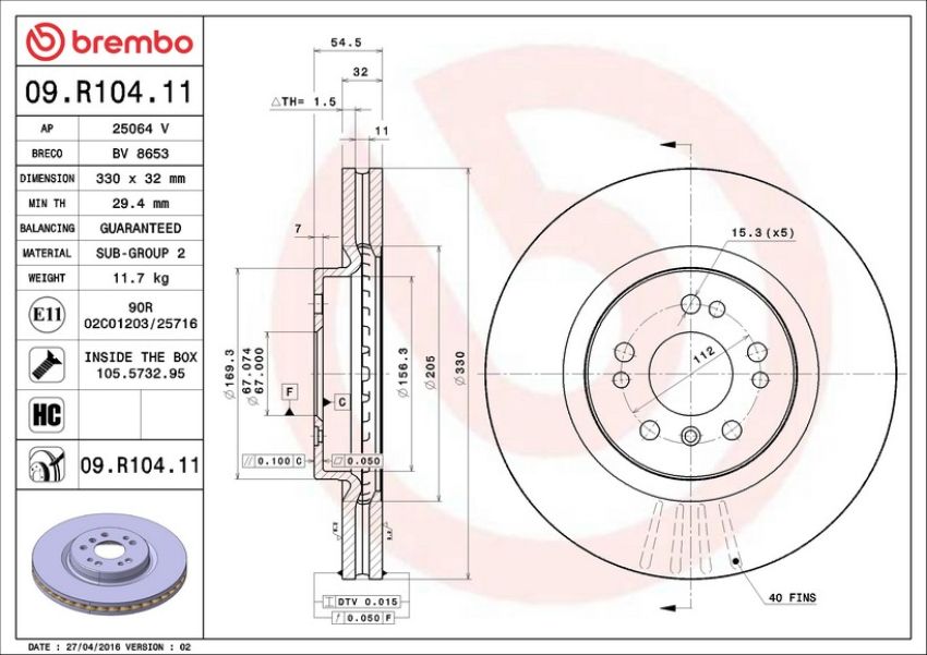 Brembo 09.R104.11 Premium Coated Vented Brake Rotor