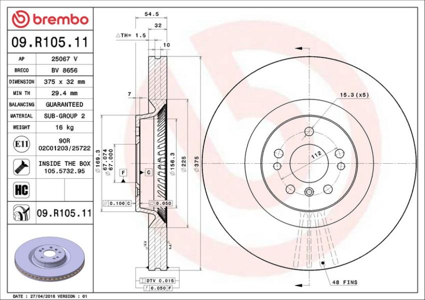 Brembo 09.R105.11 Premium Coated Vented Brake Rotor