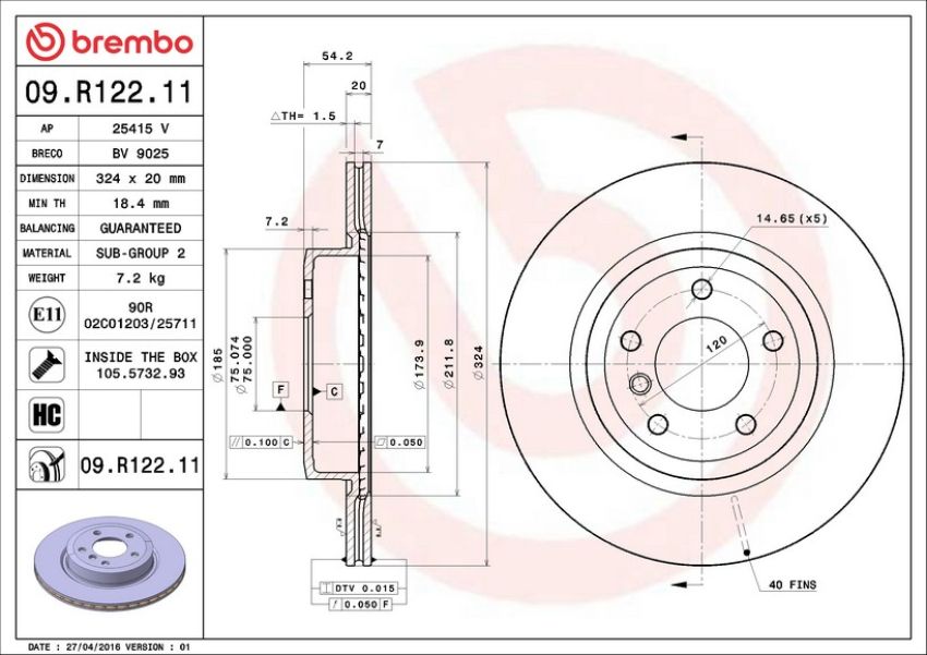 Brembo 09.R122.11 Premium Coated Vented Brake Rotor
