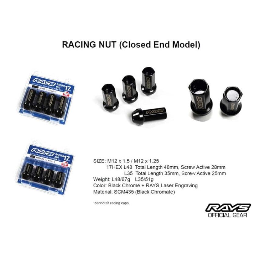 Rays W17RN12150BL48C 17HEX Racing Nut 12x1.5 Set L48 (Closed End) (4 PCS) - Black Chromate
