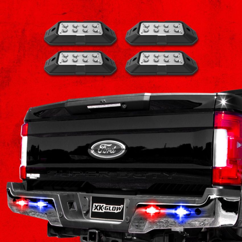 XKGLOW XK052001-4RB XK Glow Strobe Pod Lights w/ Traffic Modes Ultra LEDs Multiple Modes + Solid On - Red + Blue 4pc
