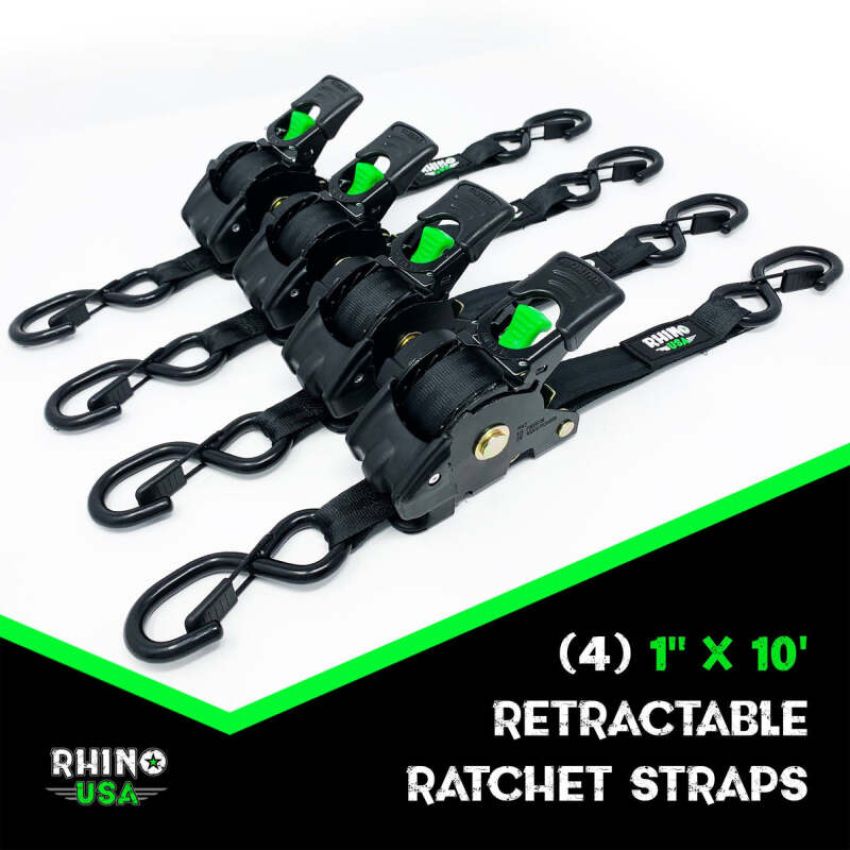Rhino USA TD-RSRE1X10-BLU Retractable Ratchet Straps (4Pk 1Inx10Ft) (Blue)