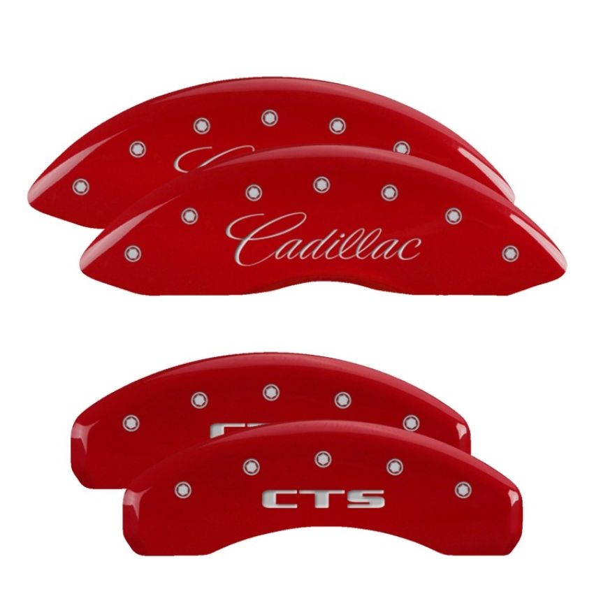 MGP 35013SCTSRD 4 Caliper Covers Engraved Front Cursive/Cadillac Engraved Rear CTS Red finish silver ch