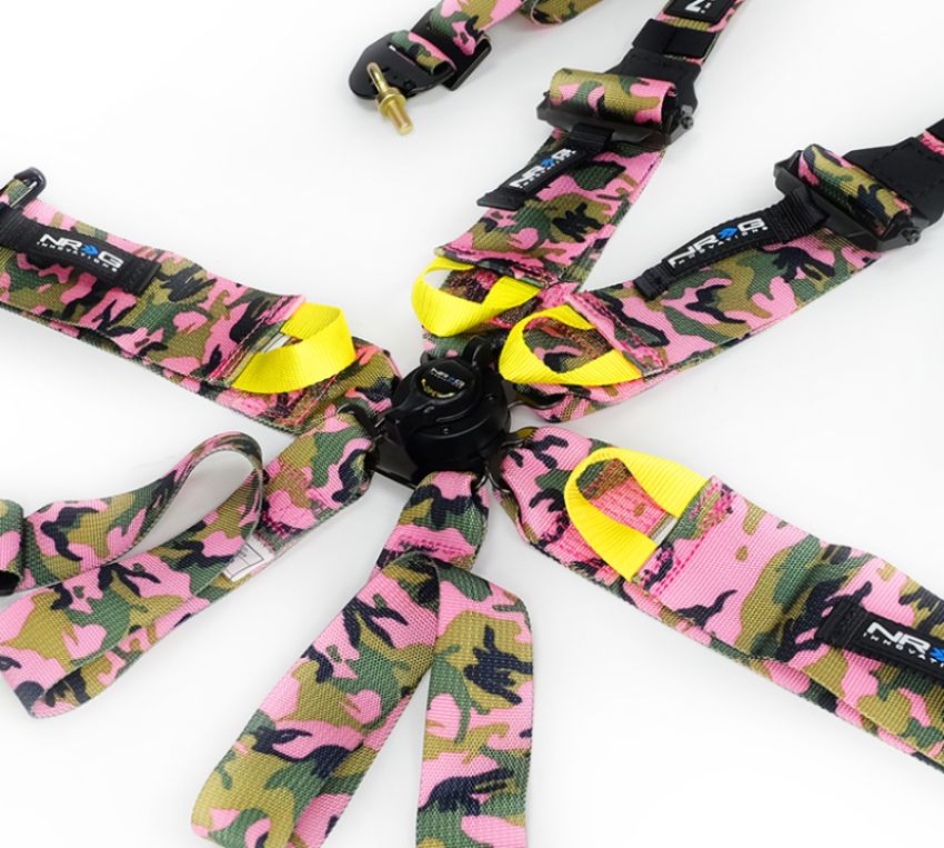 NRG SBH-HRS6PCPKCAMO FIA 6pt 2in. Shoulder Belt for HANS Device/ Rotary Cam Lock Buckle/ 3in. Waist Belt - Pink Camo