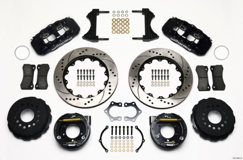 Wilwood 140-10951-D AERO4 Rear P-Brake Kit 14.00in Drilled Mopar/Dana 2.36in Off w/Snap Ring Brng