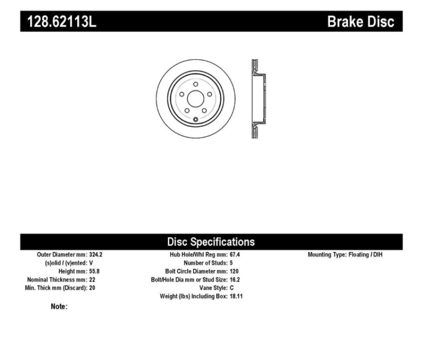 Stoptech 128.62113L Drilled Sport Brake Rotor