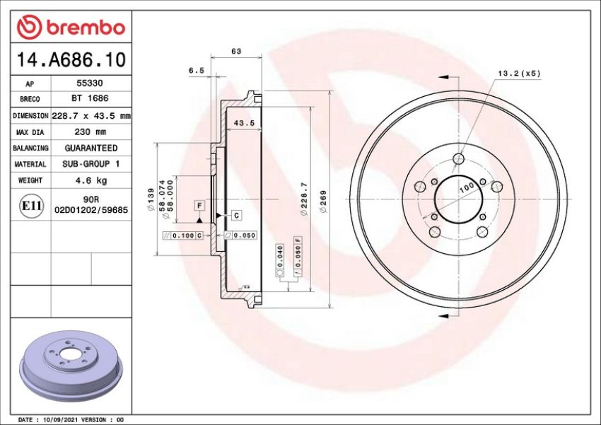 Brembo 14.A686.10 Premium OE Equivalent Brake Drum