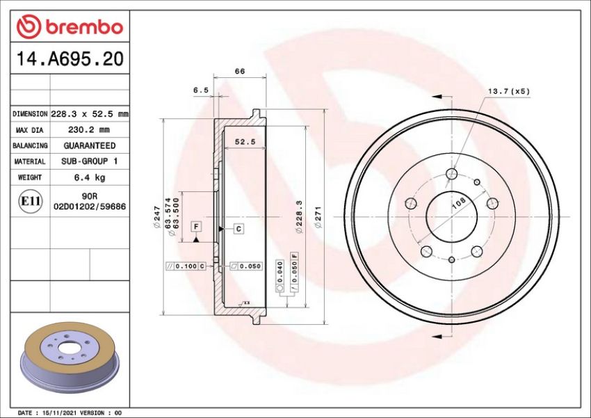 Brembo 14.A695.20 Premium OE Equivalent Brake Drum