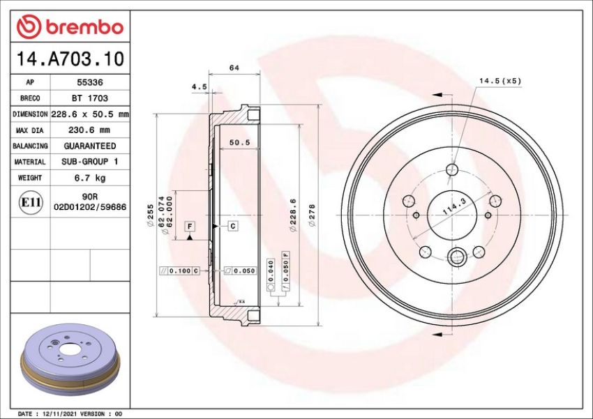 Brembo 14.A703.10 Premium OE Equivalent Brake Drum