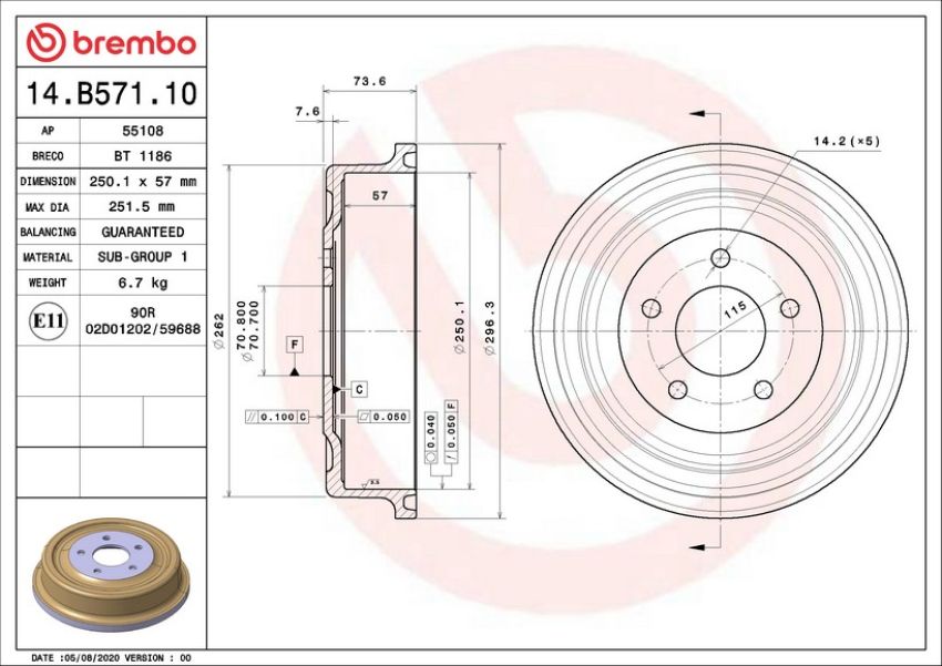 Brembo 14.B571.10 Premium OE Equivalent Brake Drum