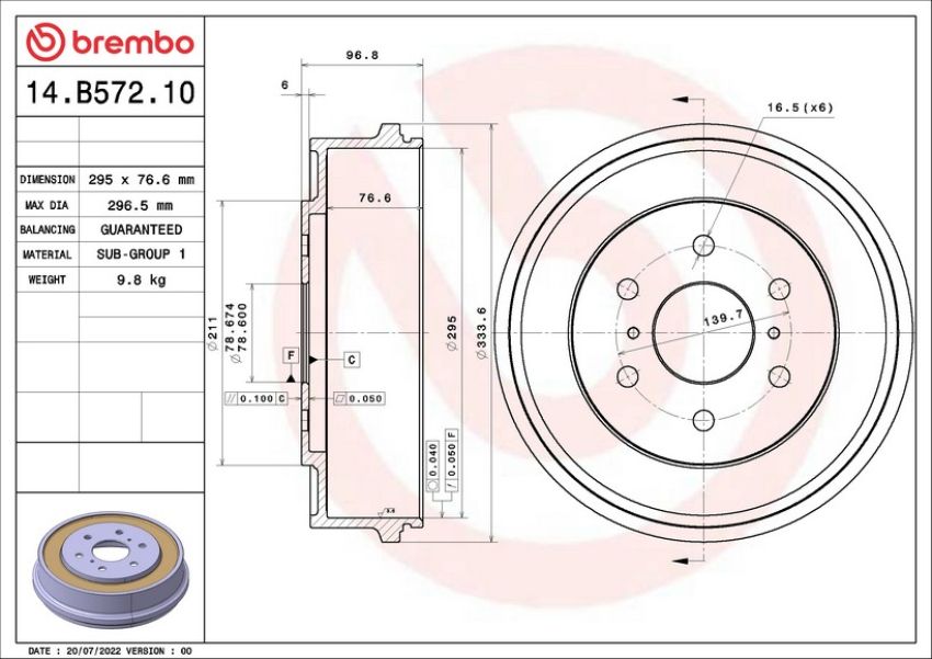 Brembo 14.B572.10 Premium OE Equivalent Brake Drum
