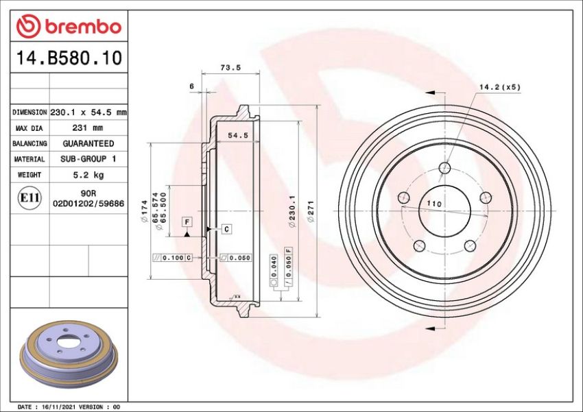 Brembo 14.B580.10 Premium OE Equivalent Brake Drum