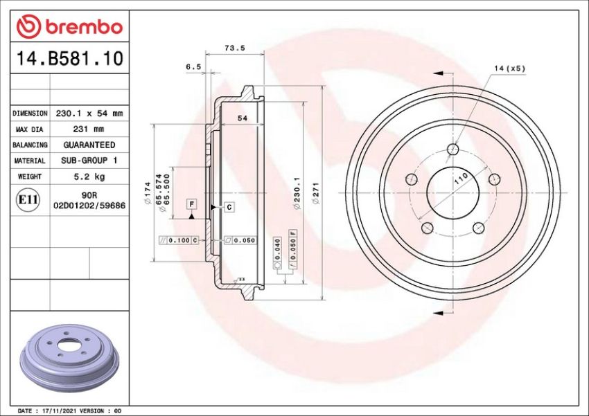 Brembo 14.B581.10 Premium OE Equivalent Brake Drum