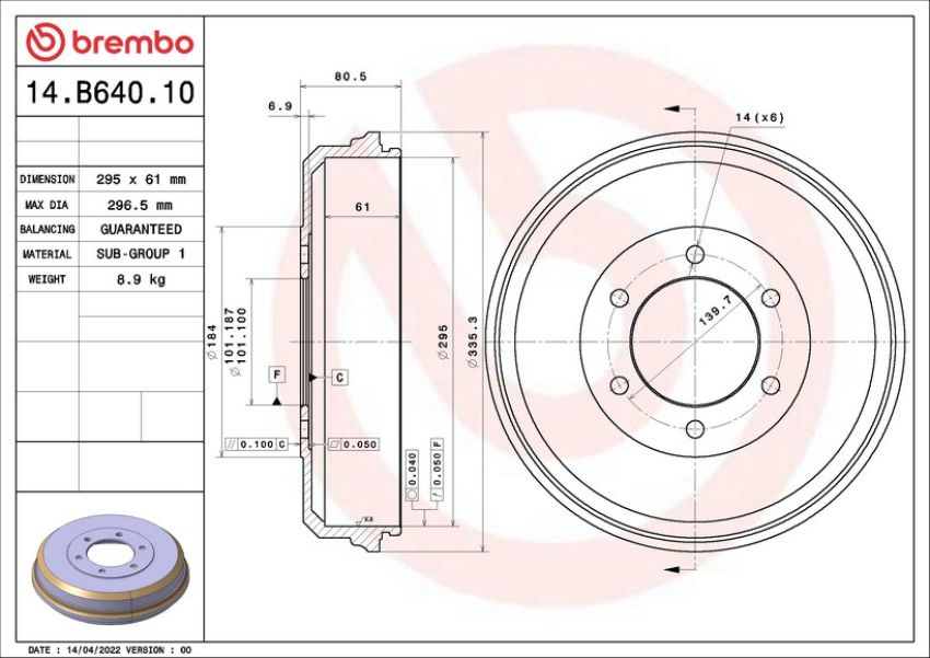 Brembo 14.B640.10 Premium OE Equivalent Brake Drum