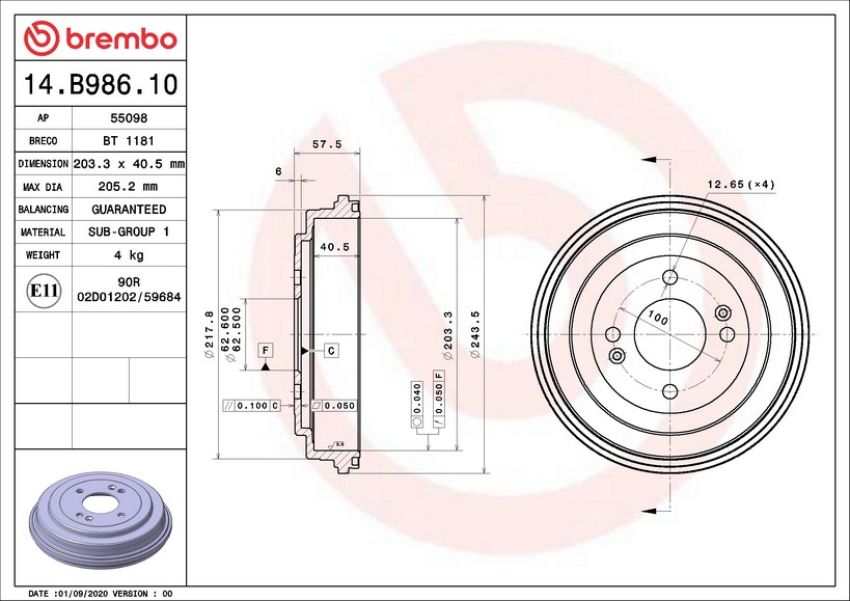 Brembo 14.B986.10 Premium OE Equivalent Brake Drum