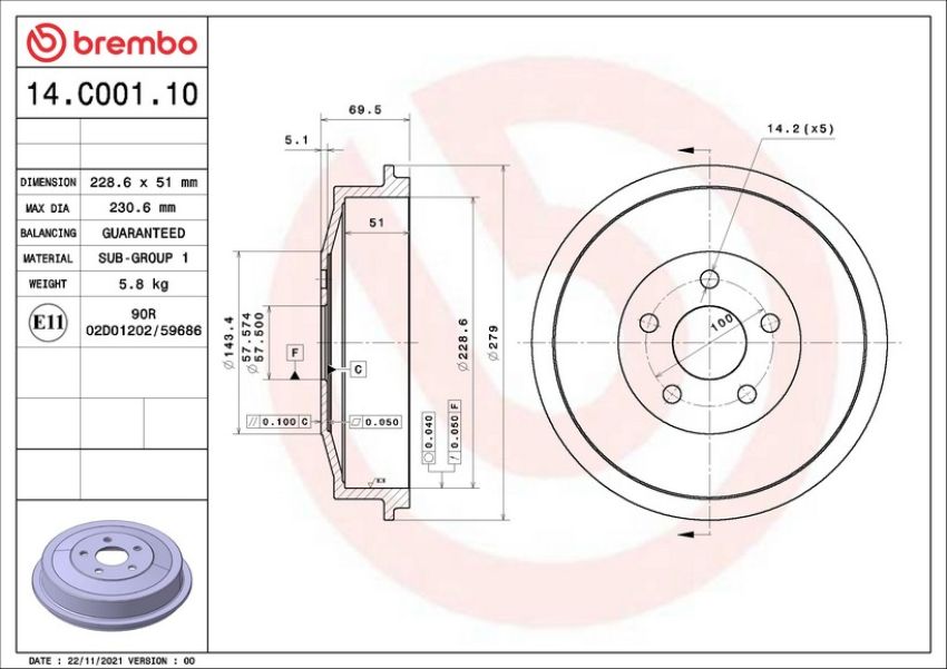 Brembo 14.C001.10 Premium OE Equivalent Brake Drum