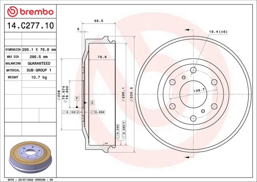 Brembo 14.C277.10 Premium OE Equivalent Brake Drum