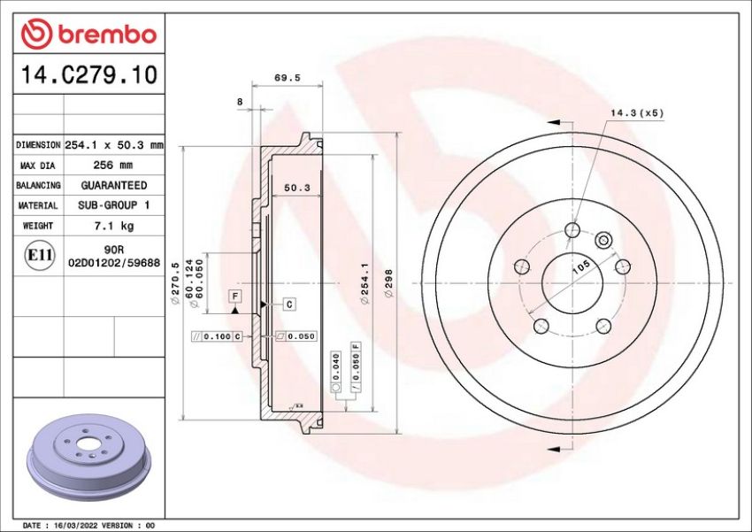 Brembo 14.C279.10 Premium OE Equivalent Brake Drum